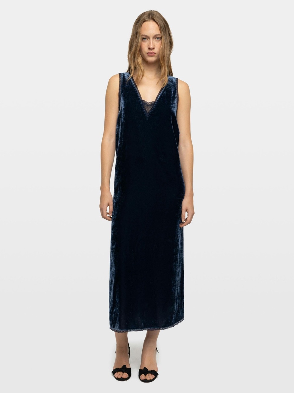 Zadig&Voltarie Renzo Velvet Dress V-Neck Slip Dress in Navy Blue, XS S M L